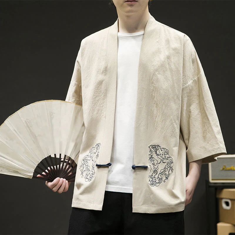 Buddha Stones Chinese Frog-Button Design Open Front Jacket Men's Cotton Linen Kimono