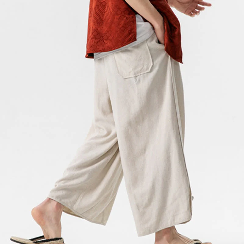 Buddha Stones Casual Loose Frog-Button Plain Men's Cotton Linen 7-8 Length Pants With Pockets