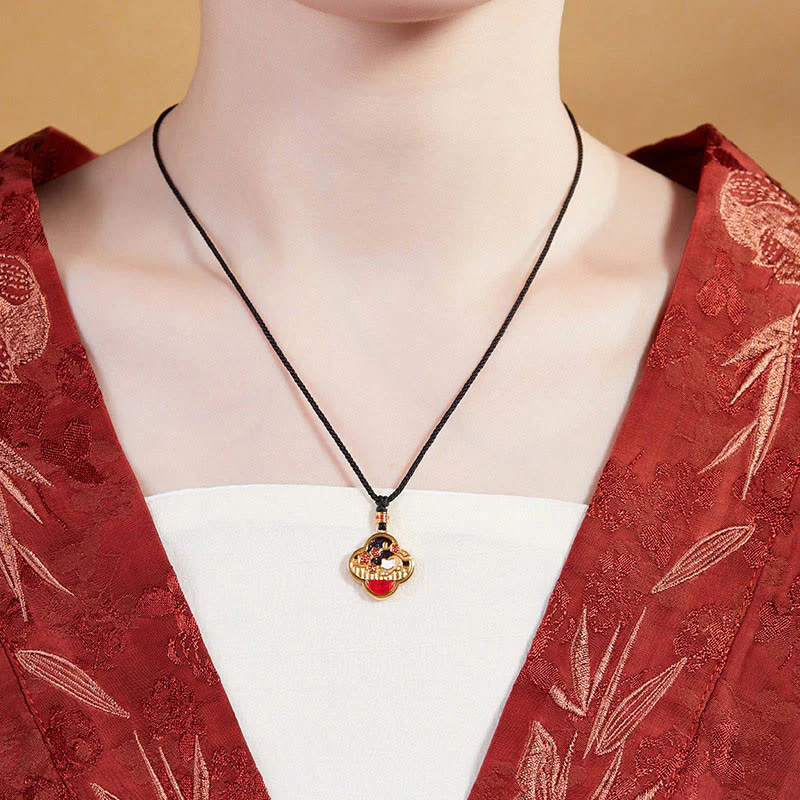 Buddha Stones 925 Sterling Silver Plum Blossom Cat Four Leaf Clover Blessing Necklace Pendant