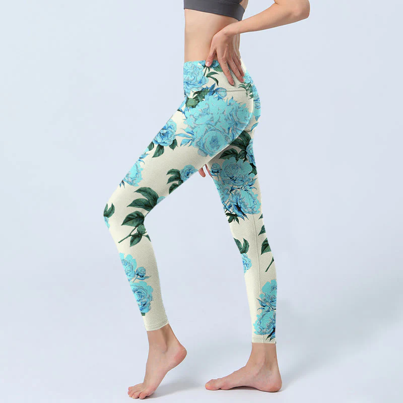 Buddha Stones White Stitching Peony Flowers Leaves Pattern Print Gym Leggings Women's Yoga Pants
