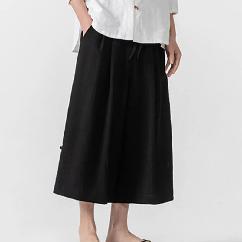 Buddha Stones Casual Loose Frog-Button Plain Men's Cotton 7-8 Length Wide Leg Pants With Pockets