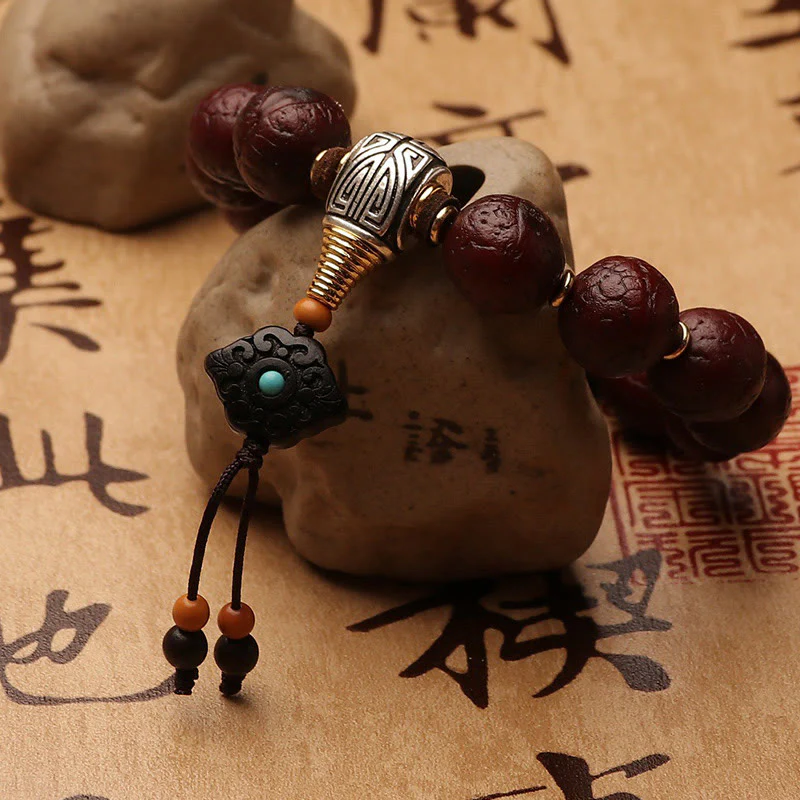 Buddha Stones Tibetan Bodhi Seed Agate Bead Luck Wealth Tassel Charm Wrist Mala