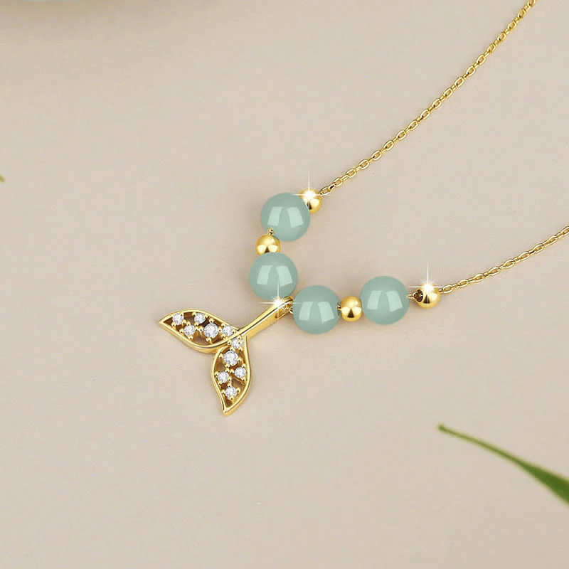 Buddha Stones 925 Sterling Silver Hetian Jade Bead Fishtail Luck Necklace Pendant