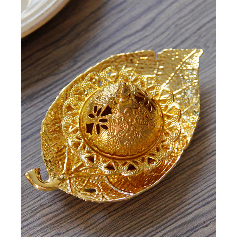 Buddha Stones Tibetan Gold Mini Leaf Coaster Meditation Incense Burner