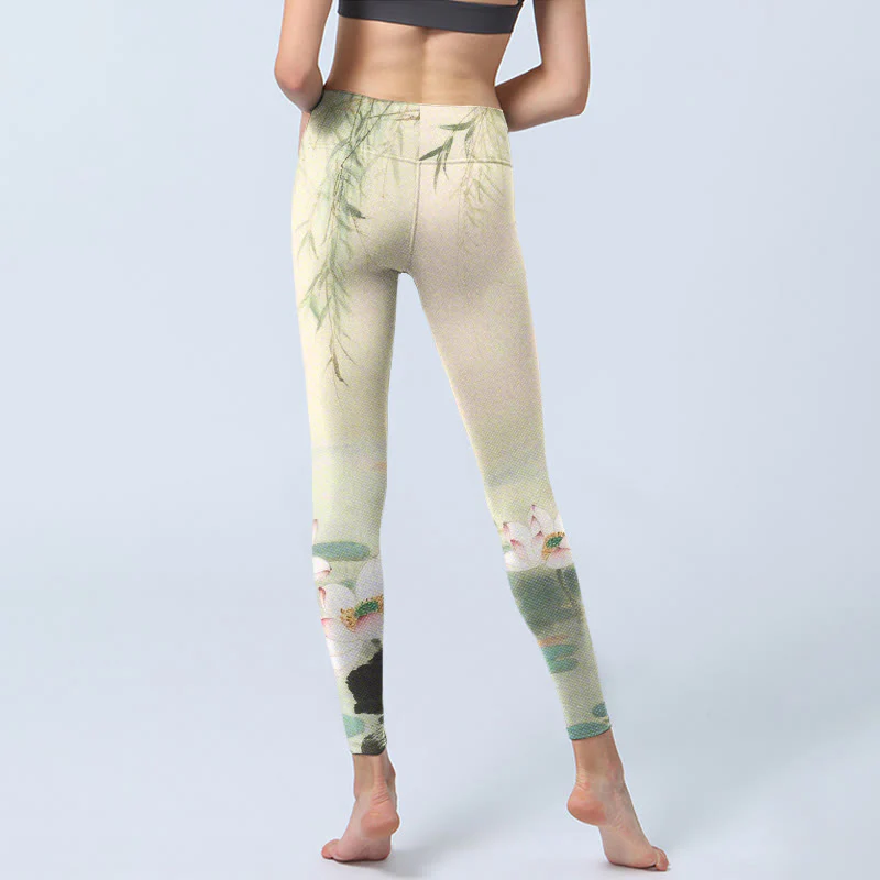 Buddha Stones Willow Leaves Lotus Pond Pattern Print Gym Leggings Women's Yoga Pants