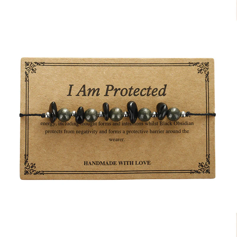 Buddha Stones I Am Protected Iron Pyrite Black Obsidian Fulfillment Bracelet