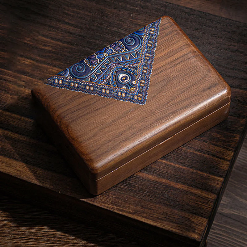 Buddha Stones Vintage Handmade Black Walnut Wood Jewelry Storage Box With Mirror