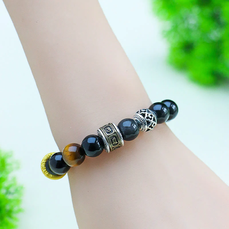 Buddha Stones Silver Sheen Obsidian Tiger Eye Om Mani Padme Hum Protection Bracelet