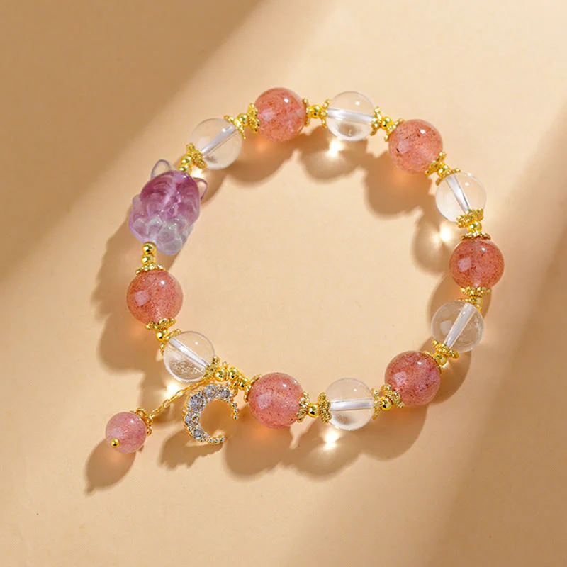 Buddha Stones Natural White Strawberry Quartz Crystal Healing Love Nine Tailed Fox Moon Pendant Bracelet