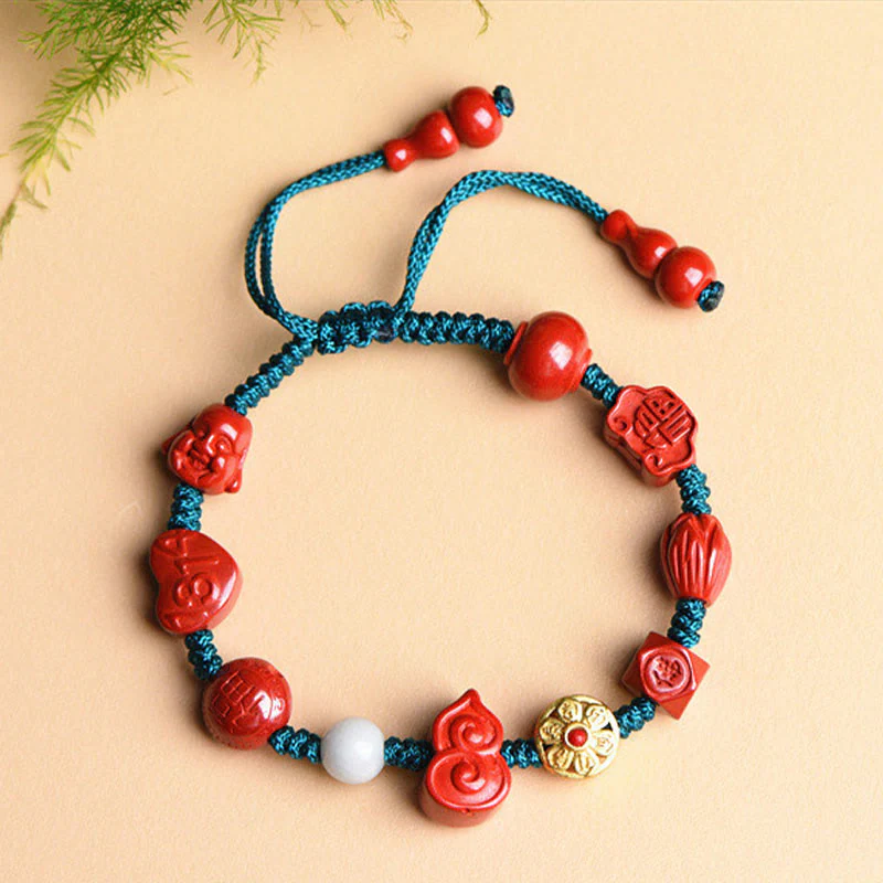Buddha Stones Natural Cinnabar Gourd Om Mani Padme Hum Laughing Buddha Blessing String Bracelet