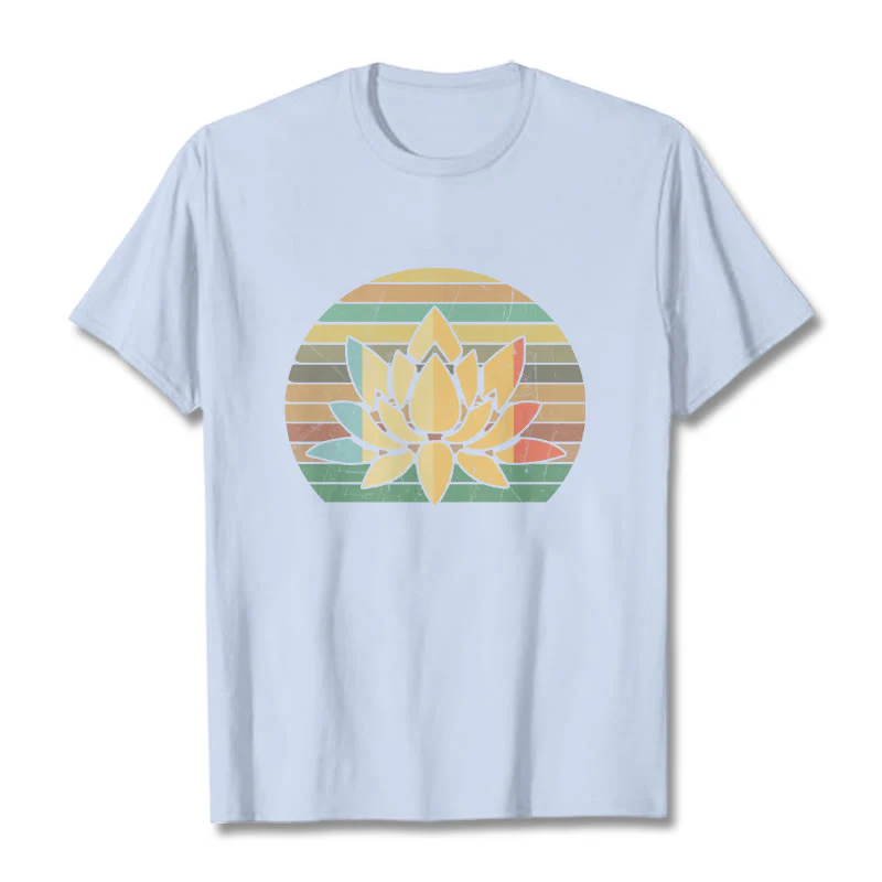 Buddha Stones Casual Retro Striped Background Lotus Flower Pattern Cotton Tee T-shirt