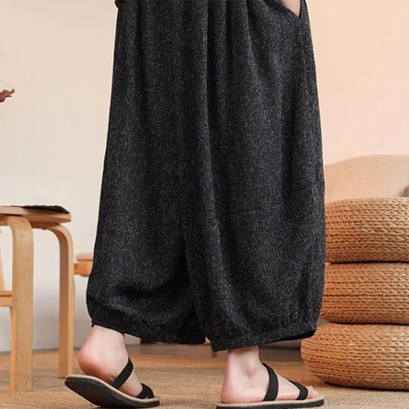 Buddha Stones Summer Characters Embroidery Drawstring Men's Cropped Ankle-Length Harem Pants With Pockets