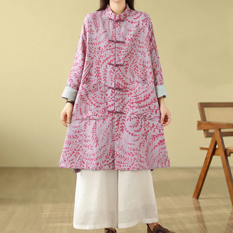 Buddha Stones Frog-button Vine Leaves Women's Cotton Linen Coat With Pockets