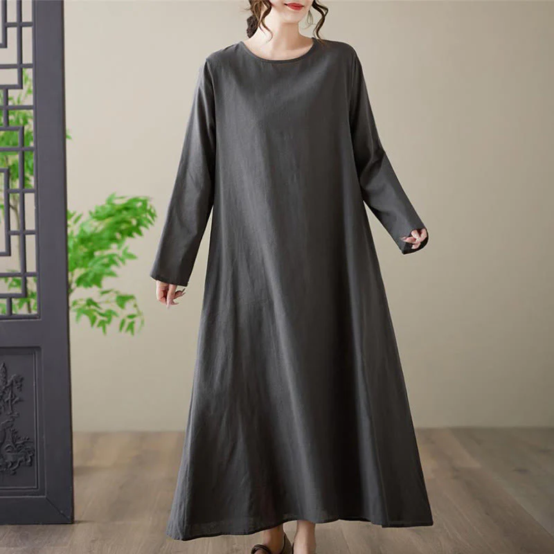 Buddha Stones Casual Plain Crew Neck Cotton Linen Midi Dress With Pockets