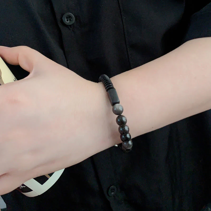 Buddha Stones Silver Sheen Obsidian Coconut Shell Protection Bracelet