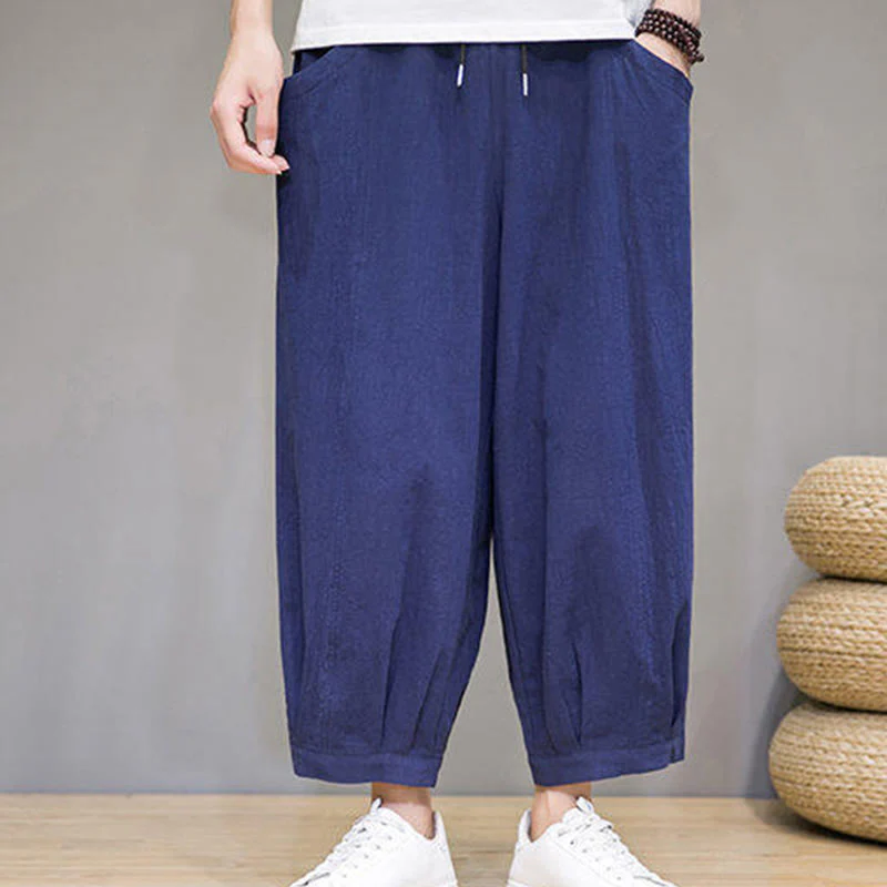 Buddha Stones Casual Plain Men's Cotton 7-8 Length Harem Pants With Pockets