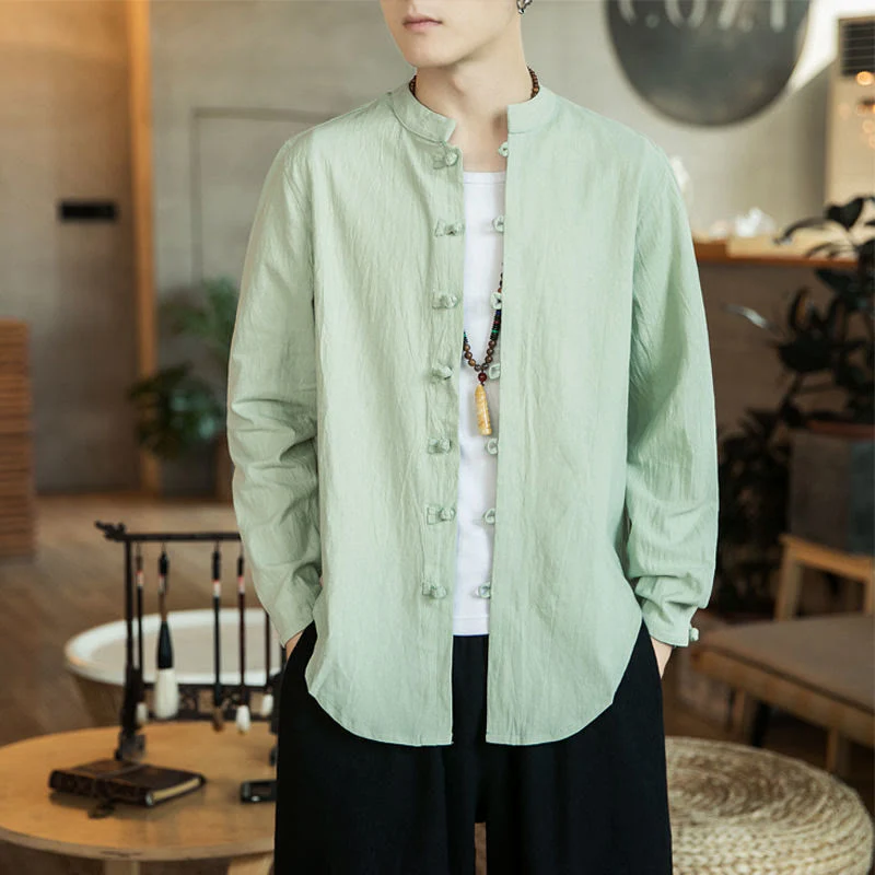 Buddha Stones Casual Stand Collar Frog-Button Long Sleeve Tang Suit Linen Men's Shirt