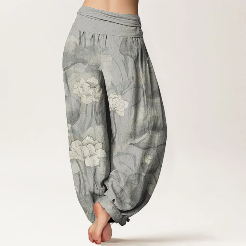 Buddha Stones Pure Cotton Lotus Design Women's Elastic Waist Harem Pants