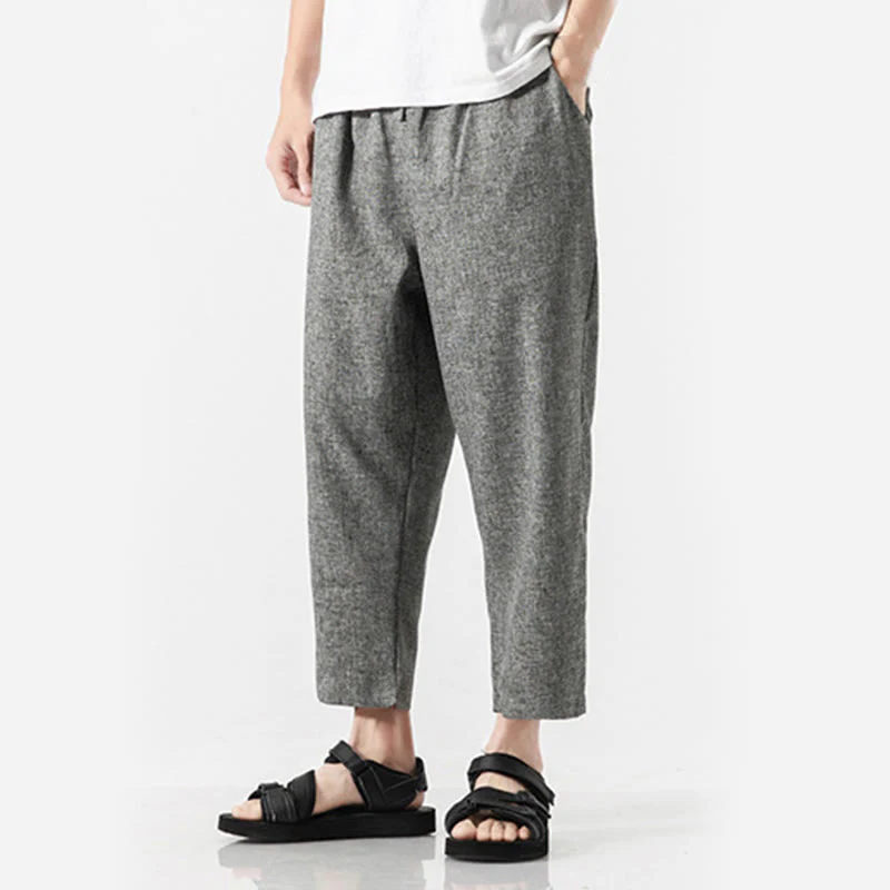 Buddha Stones Summer Plain Men's 7-8 Length Cotton Linen Pants With Pockets