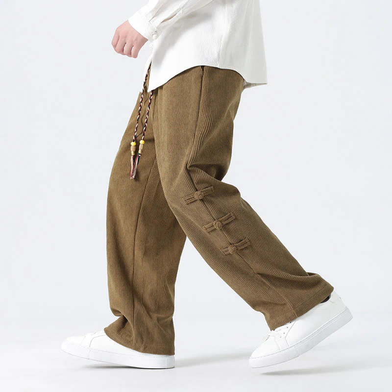 Buddha Stones Plain Chinese Frog-Button Design Drawstring Men's Corduroy Pants With Pockets