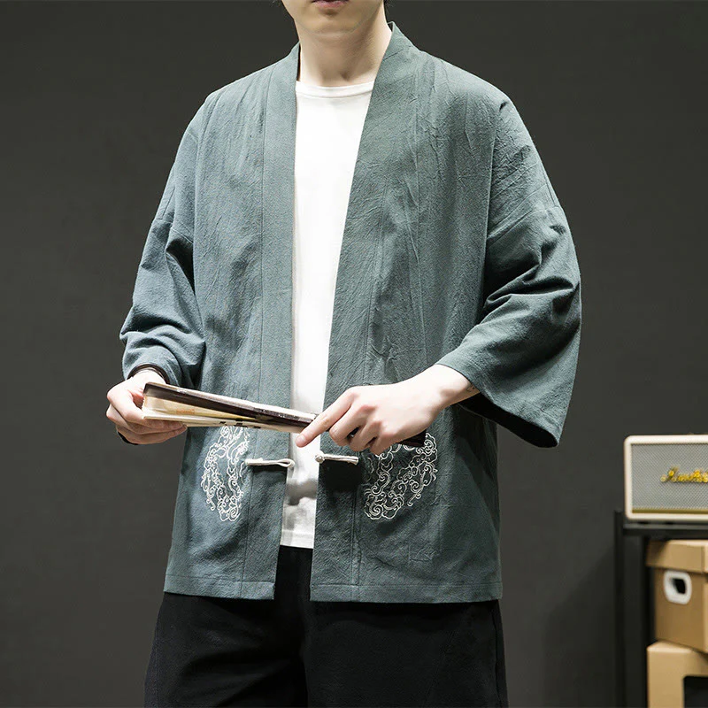 Buddha Stones Chinese Frog-Button Design Open Front Jacket Men's Cotton Linen Kimono