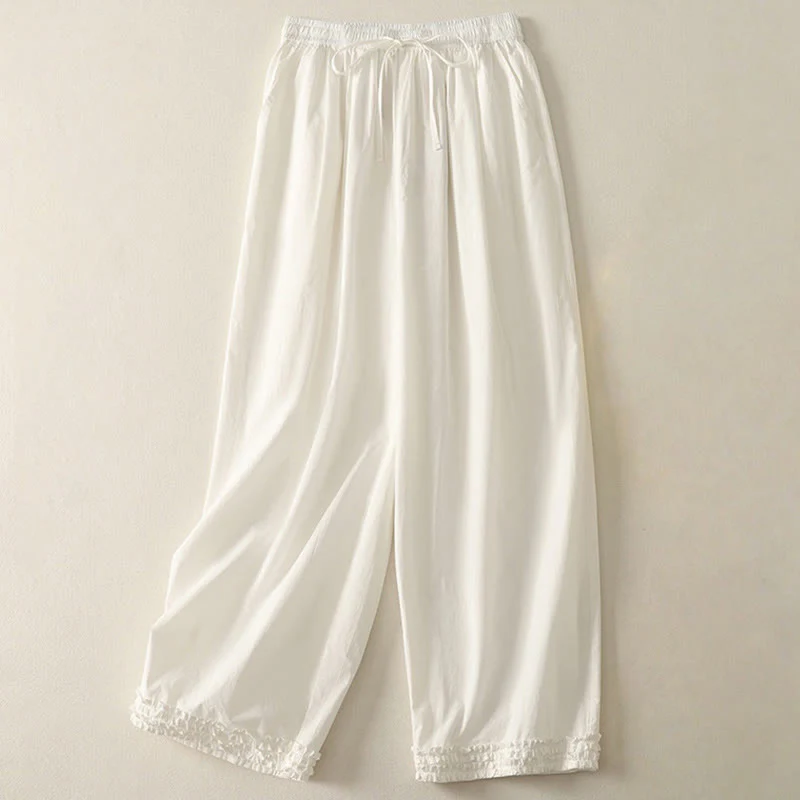 Buddha Stones Casual Ruffle Hem Patchwork Design Drawstring Ankle-length Women's Cotton Pants With Pockets