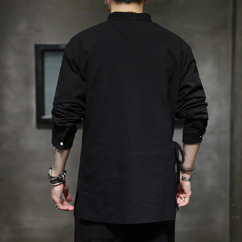 Buddha Stones Plain Lace-Up Simple Button Design Men's Long Sleeve Cotton Linen Shirt Clothing