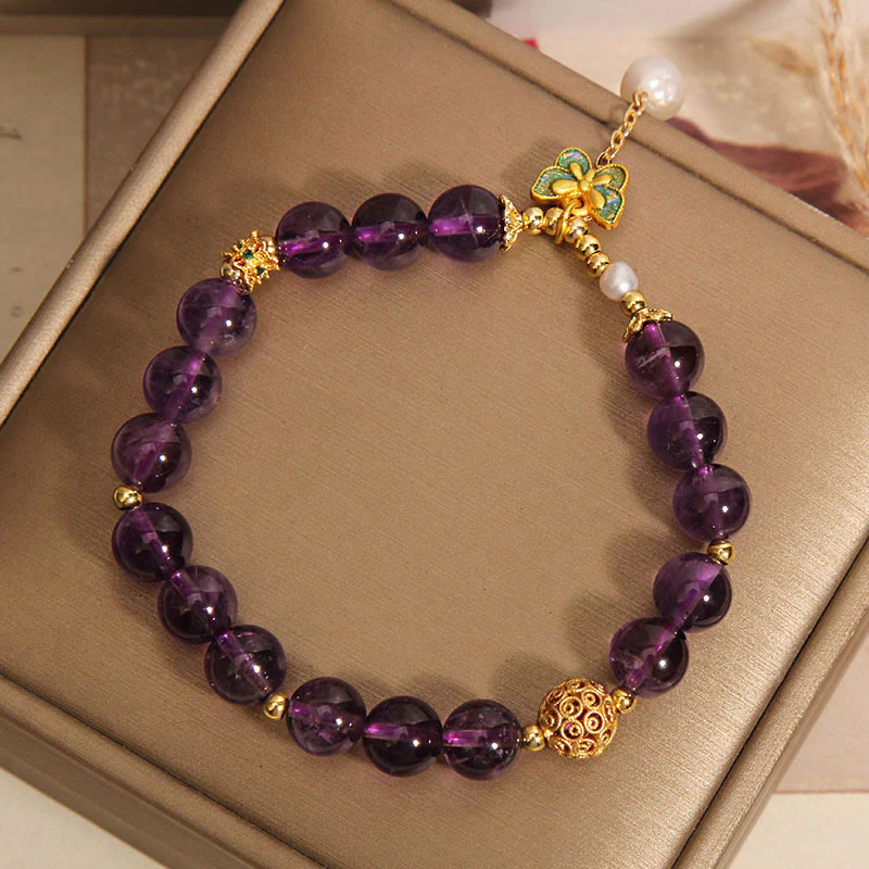 Buddha Stones Natural Amethyst Amber Green Butterfly Healing Bracelet