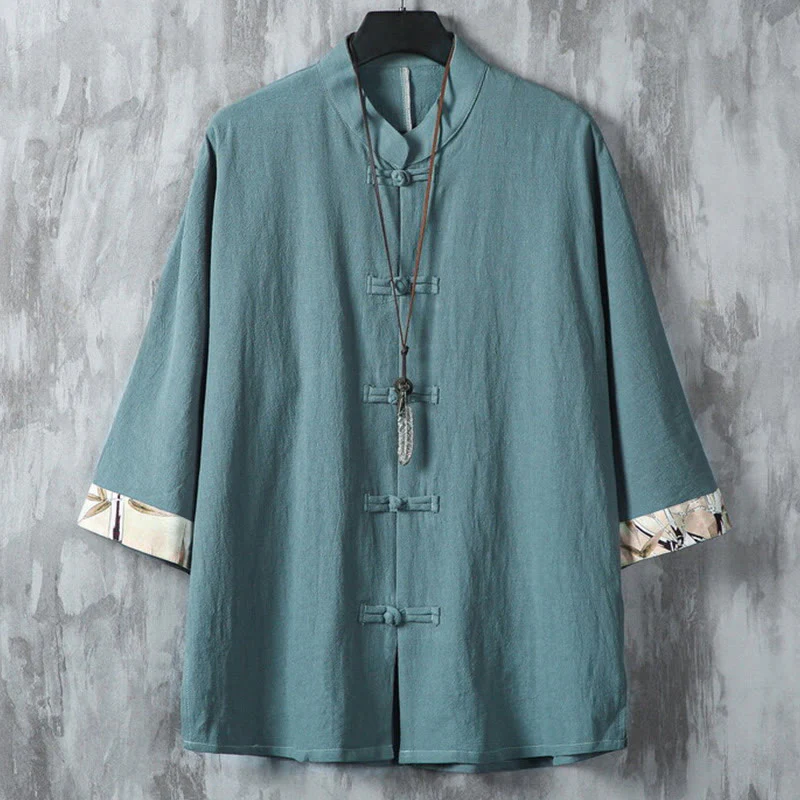 Buddha Stones Summer Plain Chinese Frog-button Patchwork Design Cotton Linen Men's Shirt Jacket