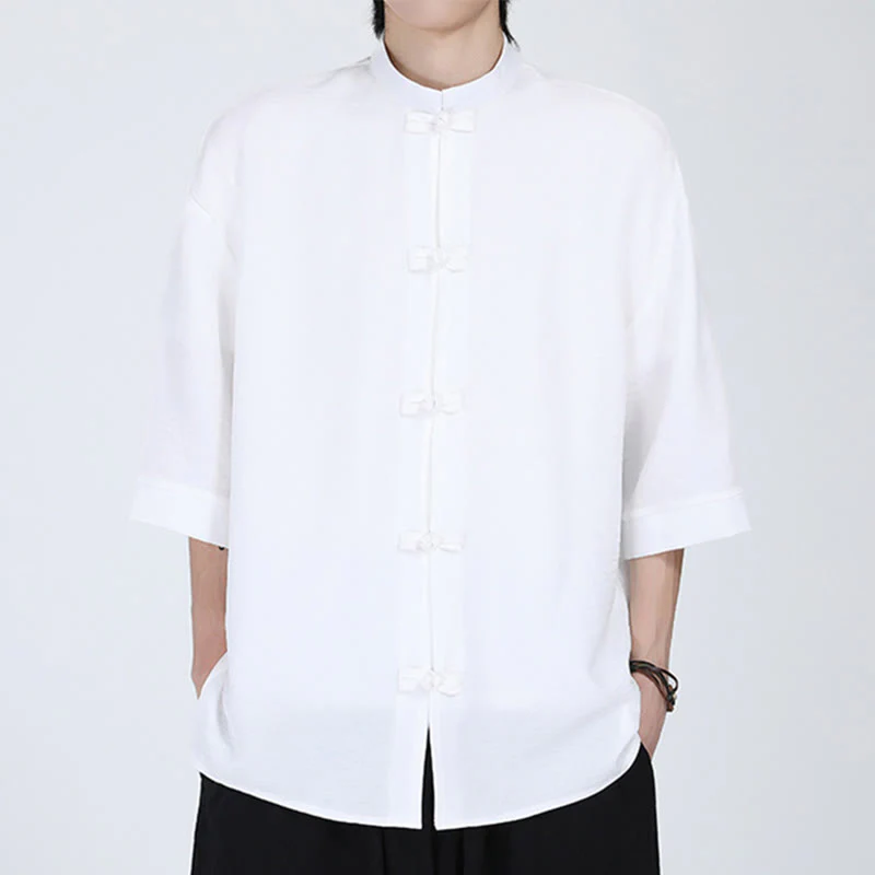 Buddha Stones Plain Tang Suit Frog-Button Design Men's Half Sleeve Shirt