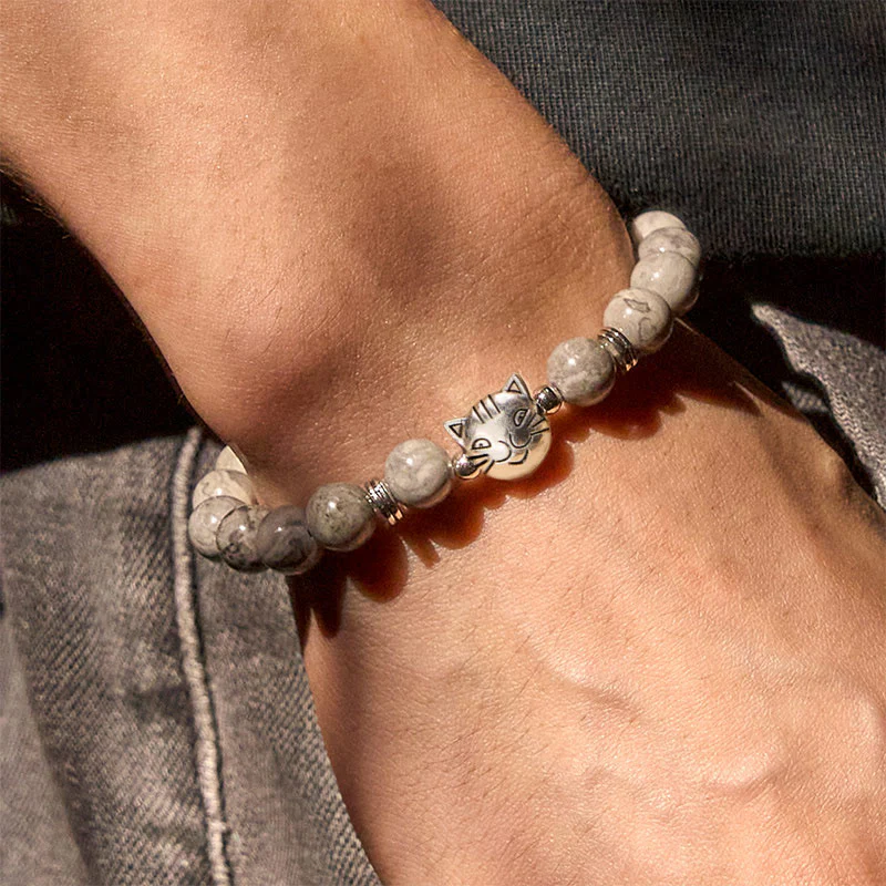 Buddha Stones Cute Cat Natural Grey Jasper Bead Healing Bracelet