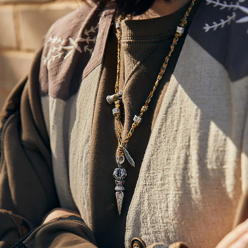 Buddha Stones Tibetan Handmade 925 Sterling Silver Dorje Vajra Om Mani Padme Hum Feather Strength Necklace Pendant