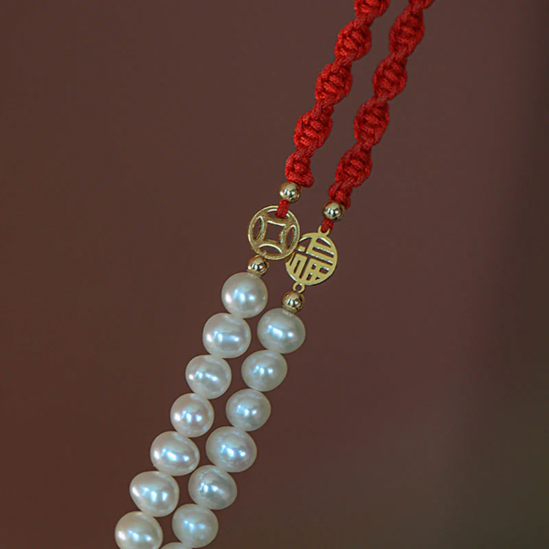 Buddha Stones 14K Gold Plated Pearl Bead Luck Protection Braid Red String Bracelet