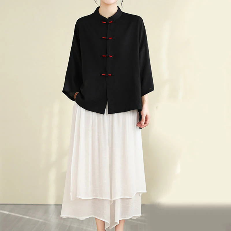 Buddha Stones 2pcs Casual Women's Frog Button Shirt Loose Pants Meditation Clothing Set