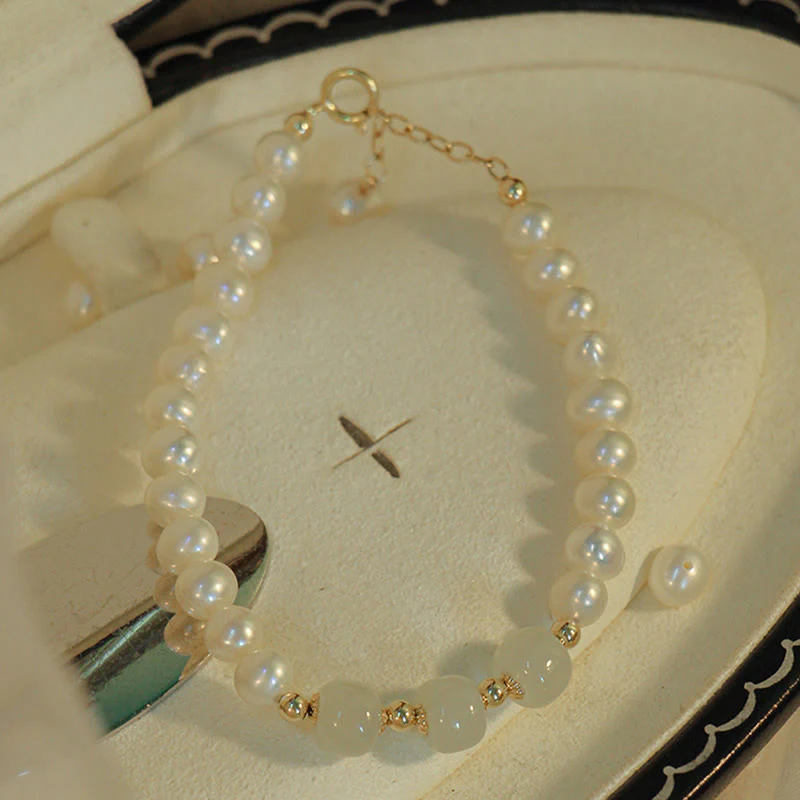 Buddha Stones 14K Gold Plated Natural Pearl Hetian Cyan Jade White Jade Sincerity Bead Chain Bracelet
