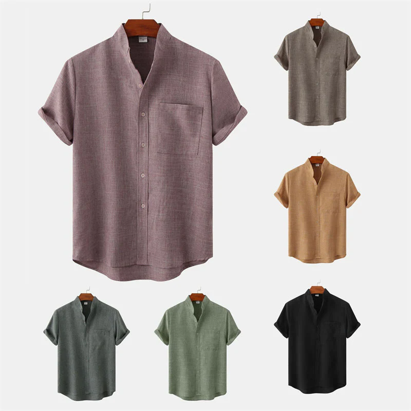 Buddha Stones Summer Men's Button Plain Short Sleeve Cotton Shirt With Pocket