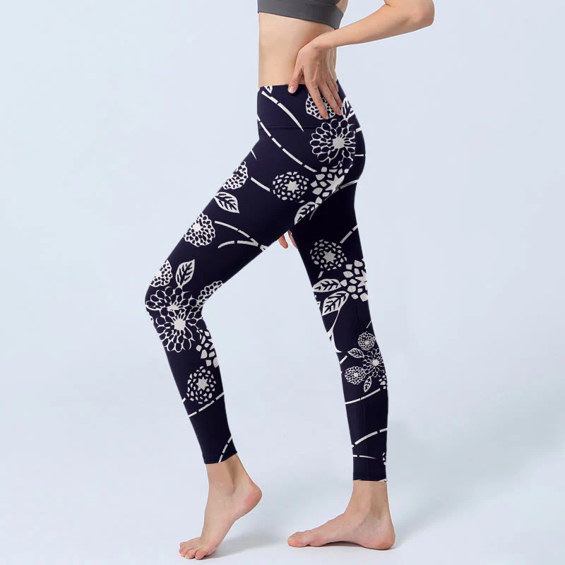Buddha Stones White Sketch Chrysanthemums Print Gym Leggings Women's Yoga Pants