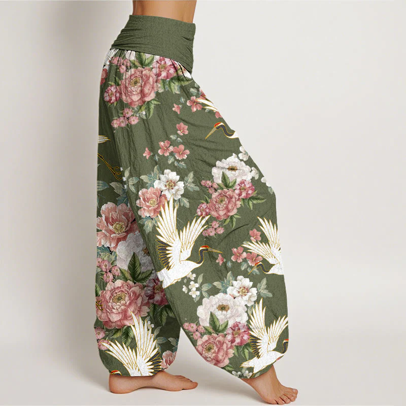 Buddha Stones Casual Cranes Blooming Peony Pattern Women's Elastic Waist Harem Pants
