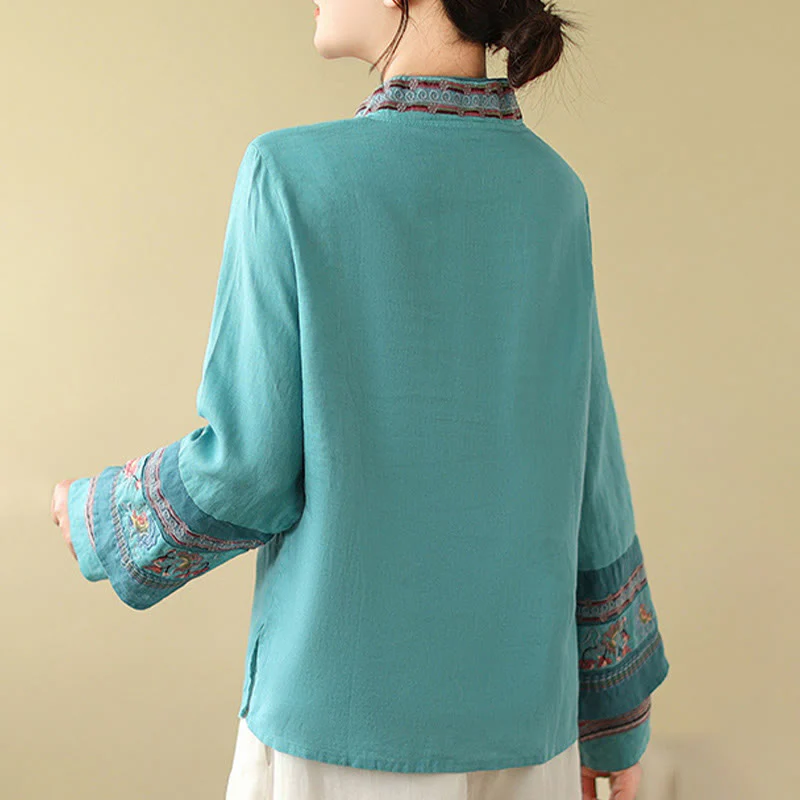 Buddha Stones Embroidered Slanted Buttons Cotton Linen Women's Shirt