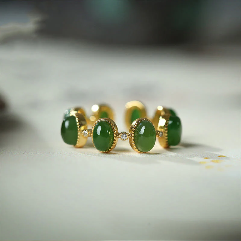 Buddha Stones 925 Sterling Silver Hetian Cyan Jade Beads Healing Adjustable Ring