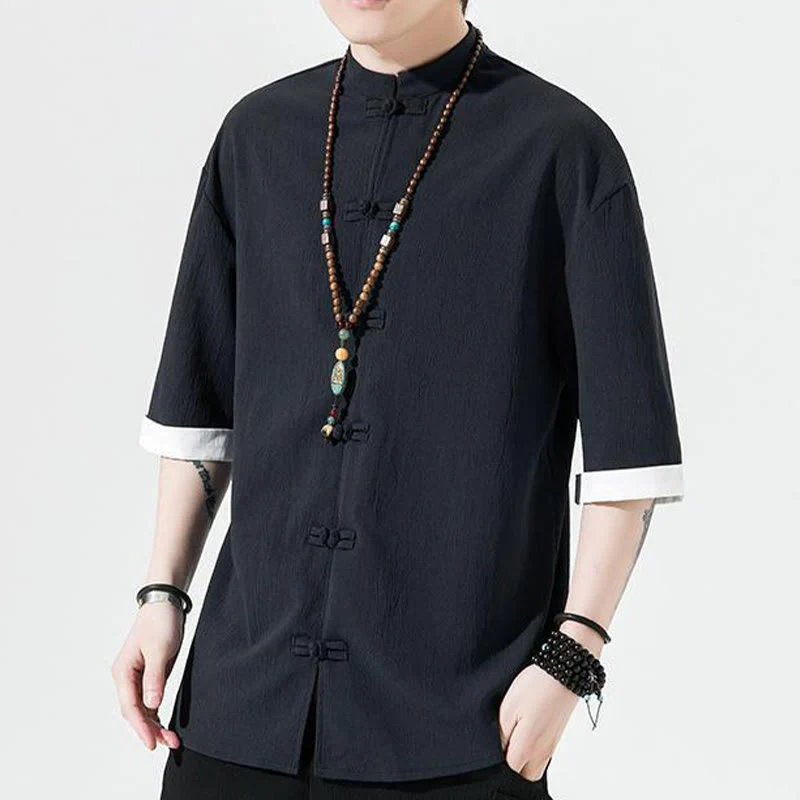 Buddha Stones Plain Tang Suit Frog-Button Design Men's Half Sleeve Shirt