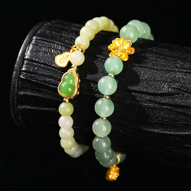Buddha Stones Natural Jade Green Aventurine Gourd Fu Character Luck Bracelet