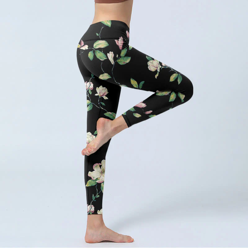 Buddha Stones Magnolia Flower Pattern Print Gym Leggings Women's Yoga Pants