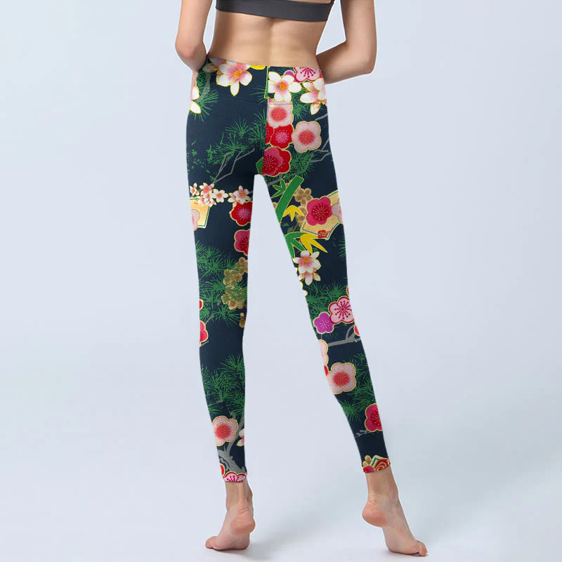 Buddha Stones Cherry Blossoms Bamboo Pine Tree Print Gym Leggings Women's Yoga Pants