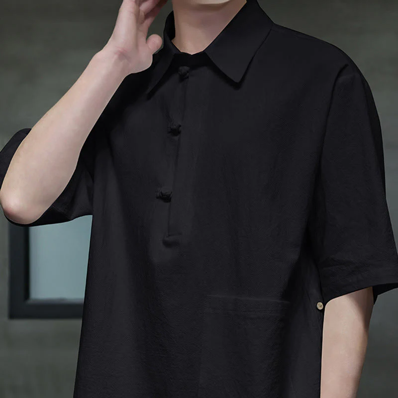 Buddha Stones Commute Plain Half Buttons Design Men's Cotton Linen Shirt With Pocket