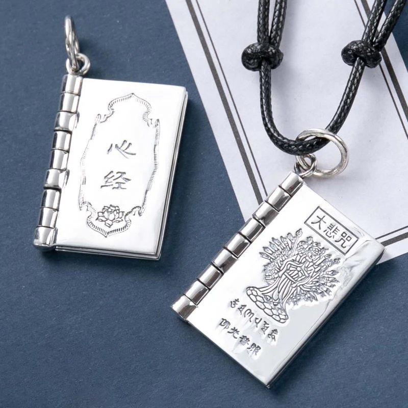 Buddha Stones 990 Sterling Silver Heart Sutra Great Compassion Shurangama Mantra Lotus Vajra Peace Necklace Pendant