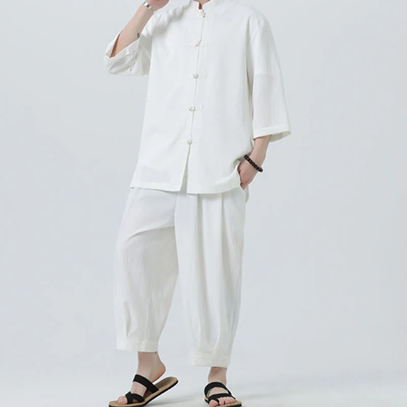 Buddha Stones 2Pcs Solid Frog-Button Three Quarter Sleeve Shirt Pants Men's Set