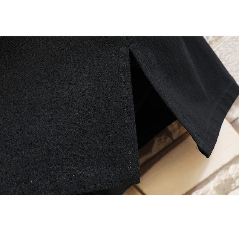 Buddha Stones Tang Suit Embroidery Crane Pattern Lace-Up Side Men's Cotton Linen T-Shirt