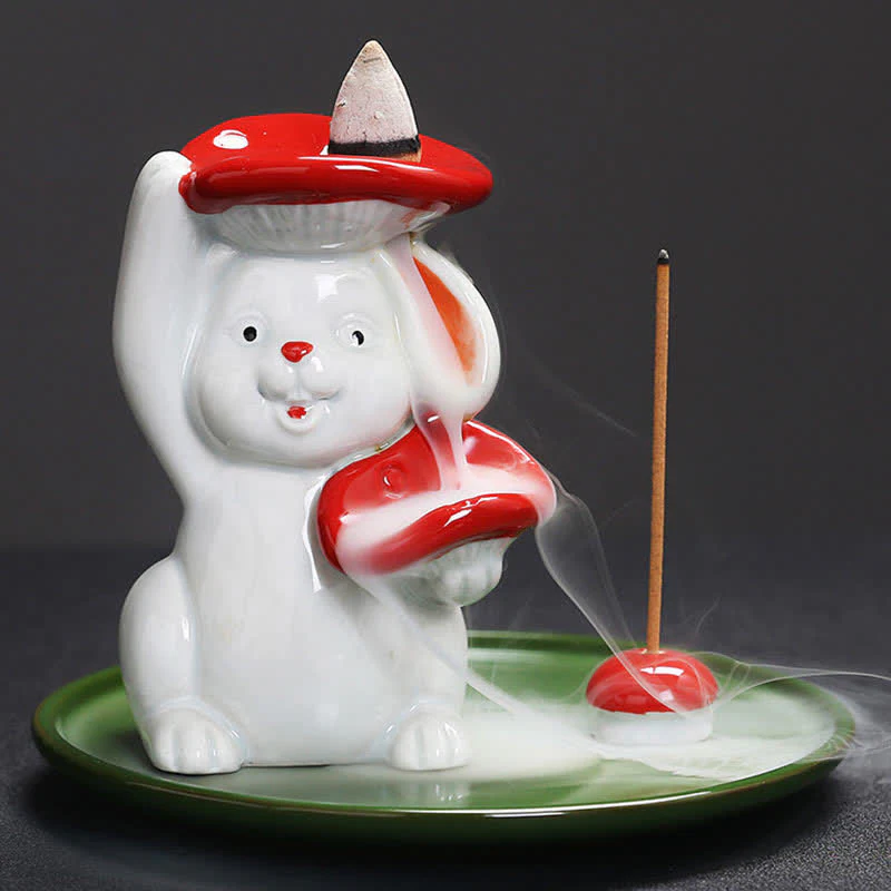 Year of the Rabbit Carrot Mushrooms Rabbit Ceramic Bunny Blessing Incense Burner (Extra 30% Off | USE CODE: FS30)