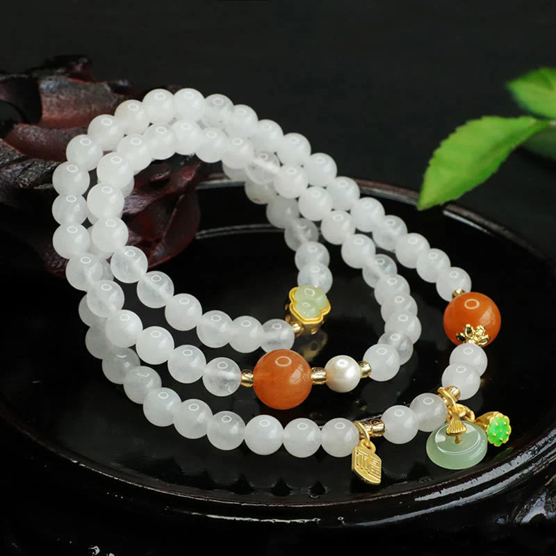 Buddha Stones Natural White Jade Multi-layer Gourd Peace Buckle Fu Character Luck Bracelet